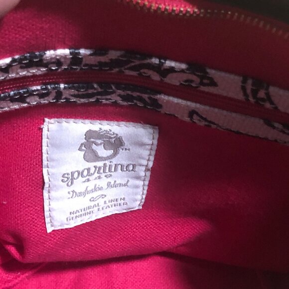 Spartina 449 Canvas Natural Linen Genuine Leather Purse Footed Bottom Black Hand - Picture 3 of 8